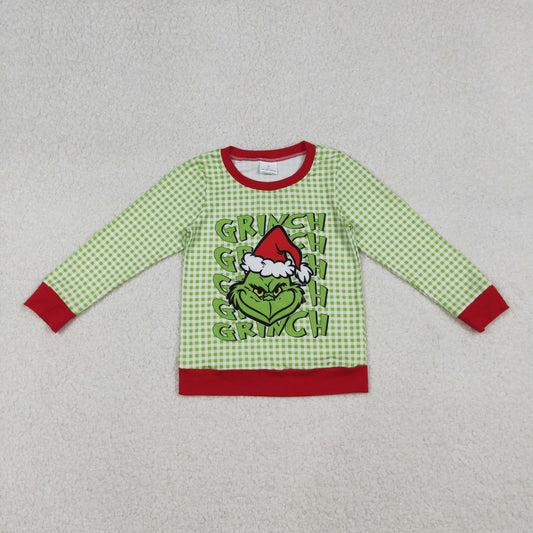 9.27 RTS NO MOQ （In stock）BT1321 Baby Boys Long Sleeve Tops Baby Boys Green Face Plaid Christmas Tee Shirts Top