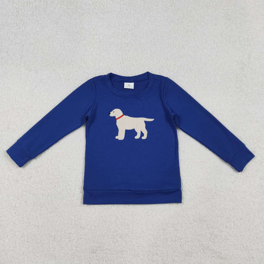 10.10 RTS NO MOQ （In stock）BT1333 Embroidery Dogs Baby Boys Blue Tee Shirts Top