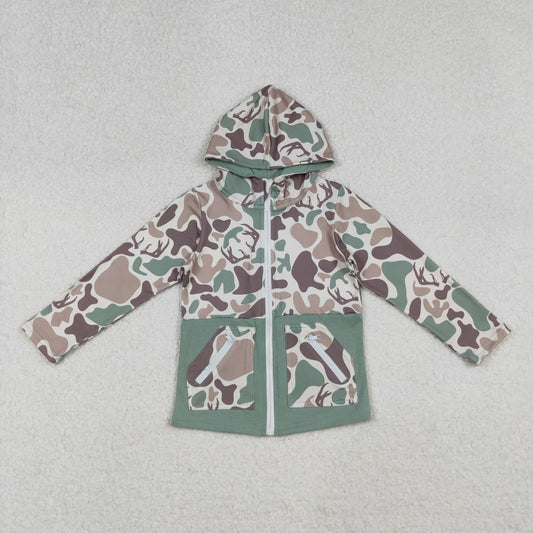9.29  RTS NO MOQ （In stock）BT1335 Baby Boys Brown Deer Camo Pocket Zipper Western Hoodies Top