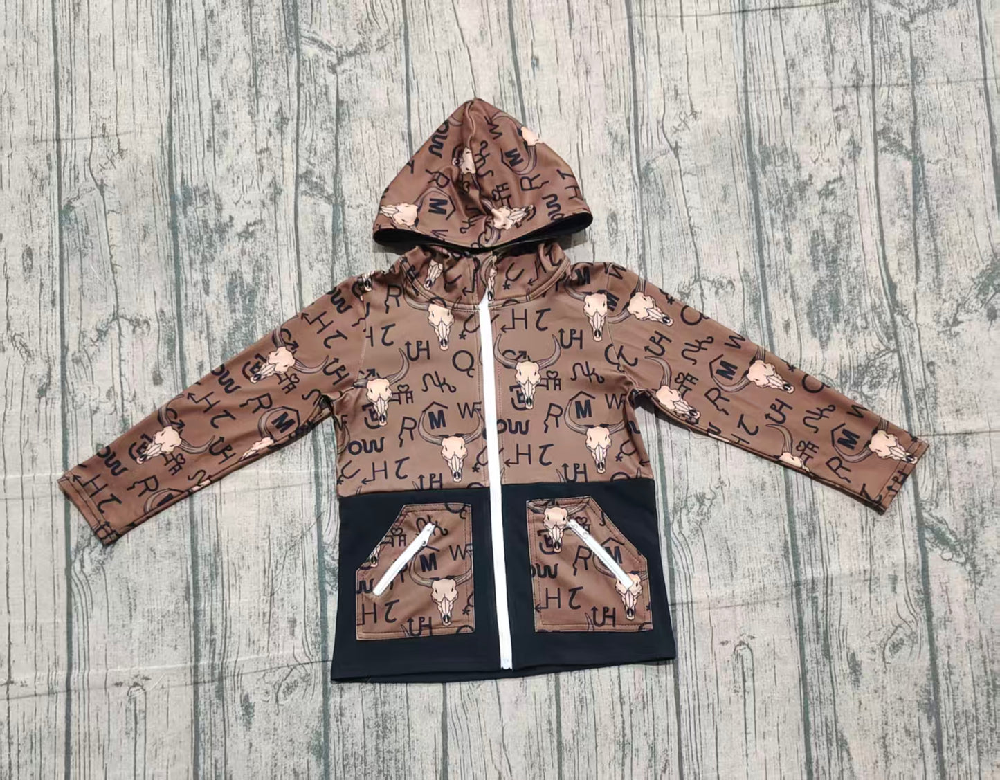 10.11 BT1337 Sample No Moq Baby Boys Brown Bull Skulls Pocket Zipper Western Hoodies Jackets