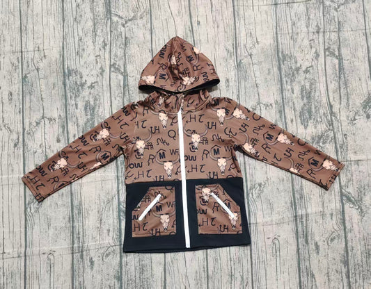 10.11 BT1337 Sample No Moq Baby Boys Brown Bull Skulls Pocket Zipper Western Hoodies Jackets