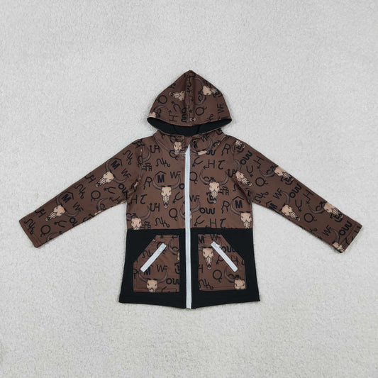 11.12 RTS NO MOQ （In stock）BT1337 Baby Boys Brown Bull Skulls Pocket Zipper Western Hoodies Jackets Top