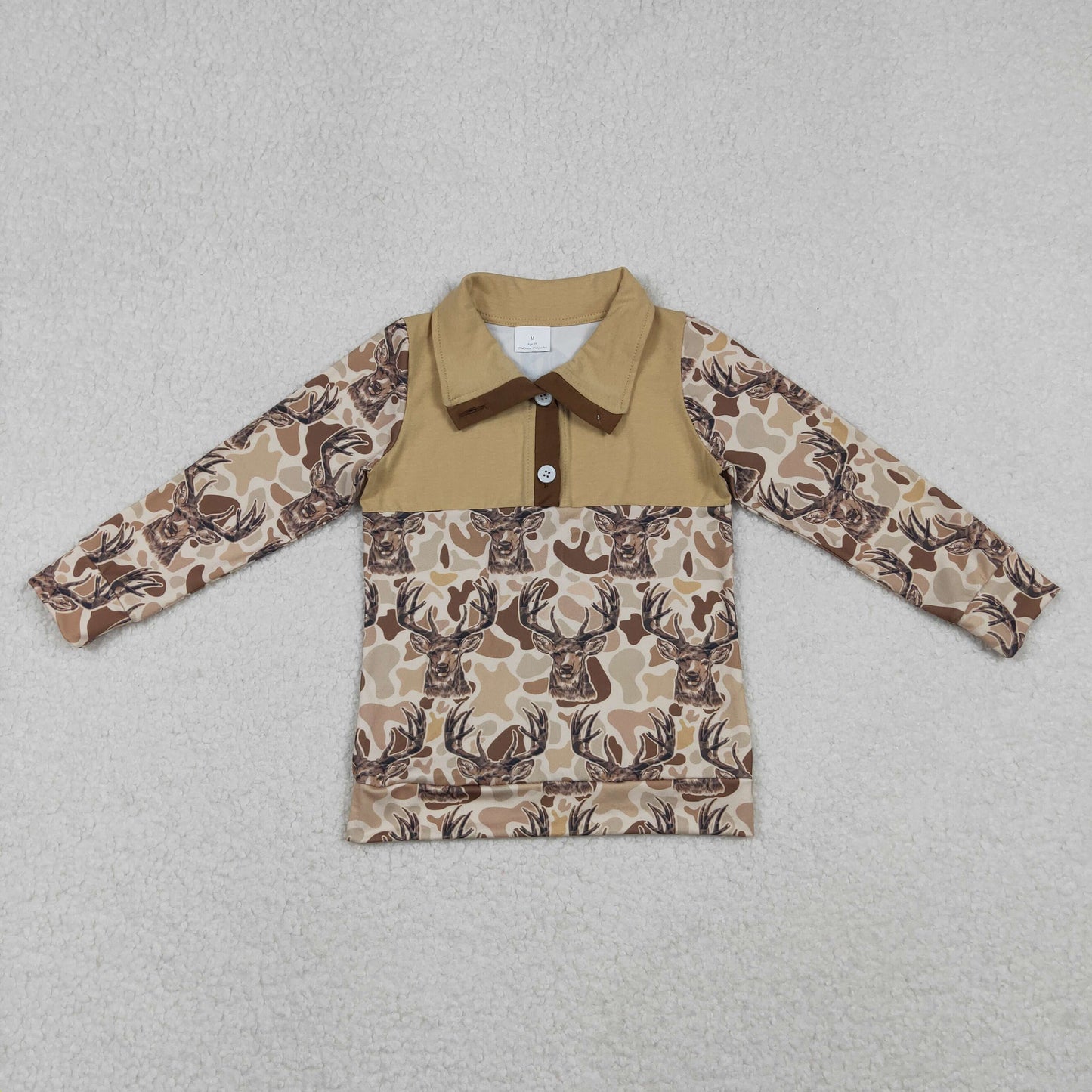 10.28 RTS NO MOQ （In stock）BT1338 Baby Boys Khaki Camo Deer Button Hunting Pullovers Top