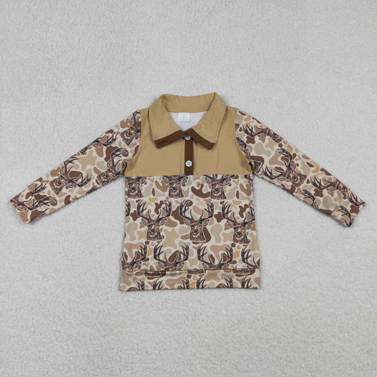 10.28 RTS NO MOQ （In stock）BT1338 Baby Boys Khaki Camo Deer Button Hunting Pullovers Top