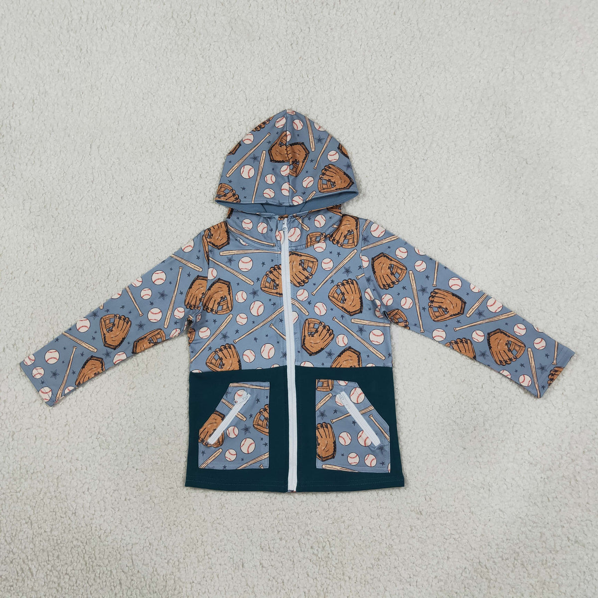 RTS NO MOQ （In stock）milk silk BT1342 Baby Boys Baseballs Stars Pocket Zipper Team Hoodies Top