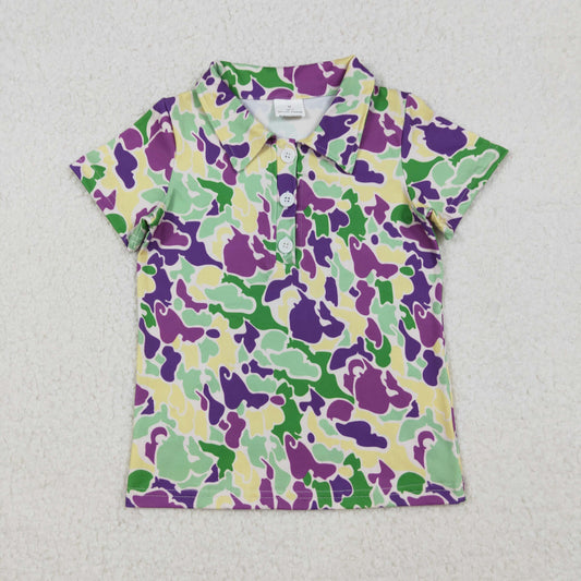 RTS NO MOQ （In stock）BT1345 Baby Boys Summer Tops Mardi Gras Purple Green Yellow Camo Button Polo Shirts Tops