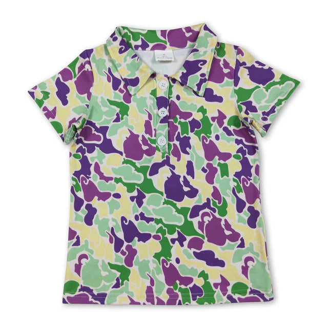 5.13 RTS NO MOQ （In stock）BT1345+SS0433 Purple green yellow camo kids boys mardi gras polo shirt outfits
