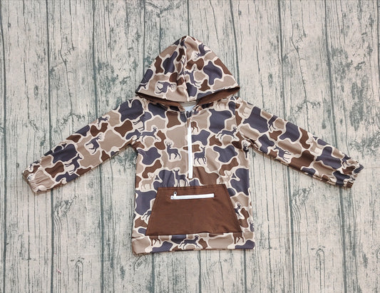 9.30 BT1348 Sample No Moq Baby Boys Brown Deer Camo Pocket Zipper Hoodie Top