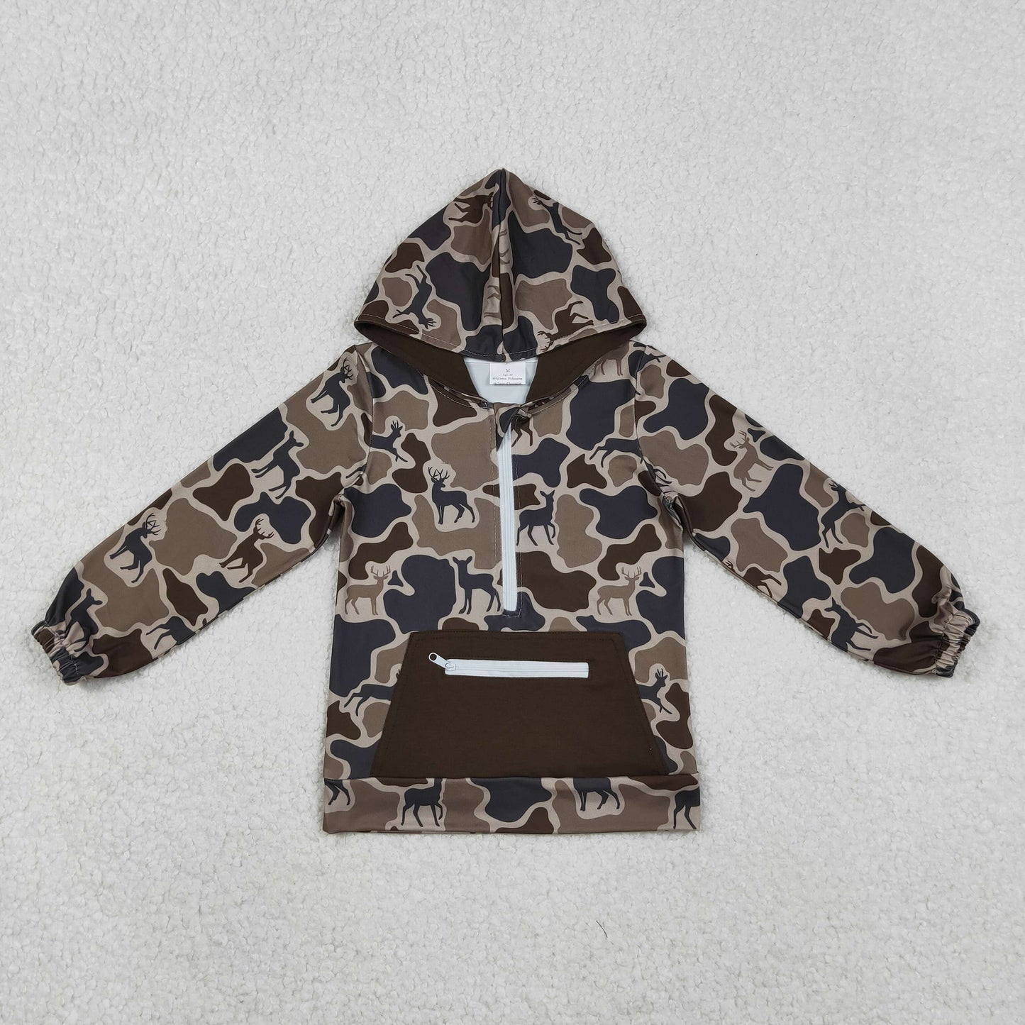 11.11 RTS NO MOQ （In stock）BT1348 Baby Boys Brown Deer Camo Pocket Zipper Hunting Hoodies Top