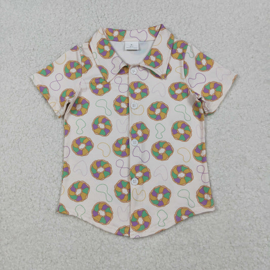 10.13 RTS NO MOQ （In stock）BT1372 Baby Boys Short Sleeve Donuts Button Mardigras Tee Shirts Top