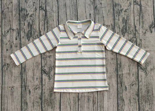 10.10 BT1375 Sample No Moq Baby Boys Mardigras Stripes Button Polo Shirts Top