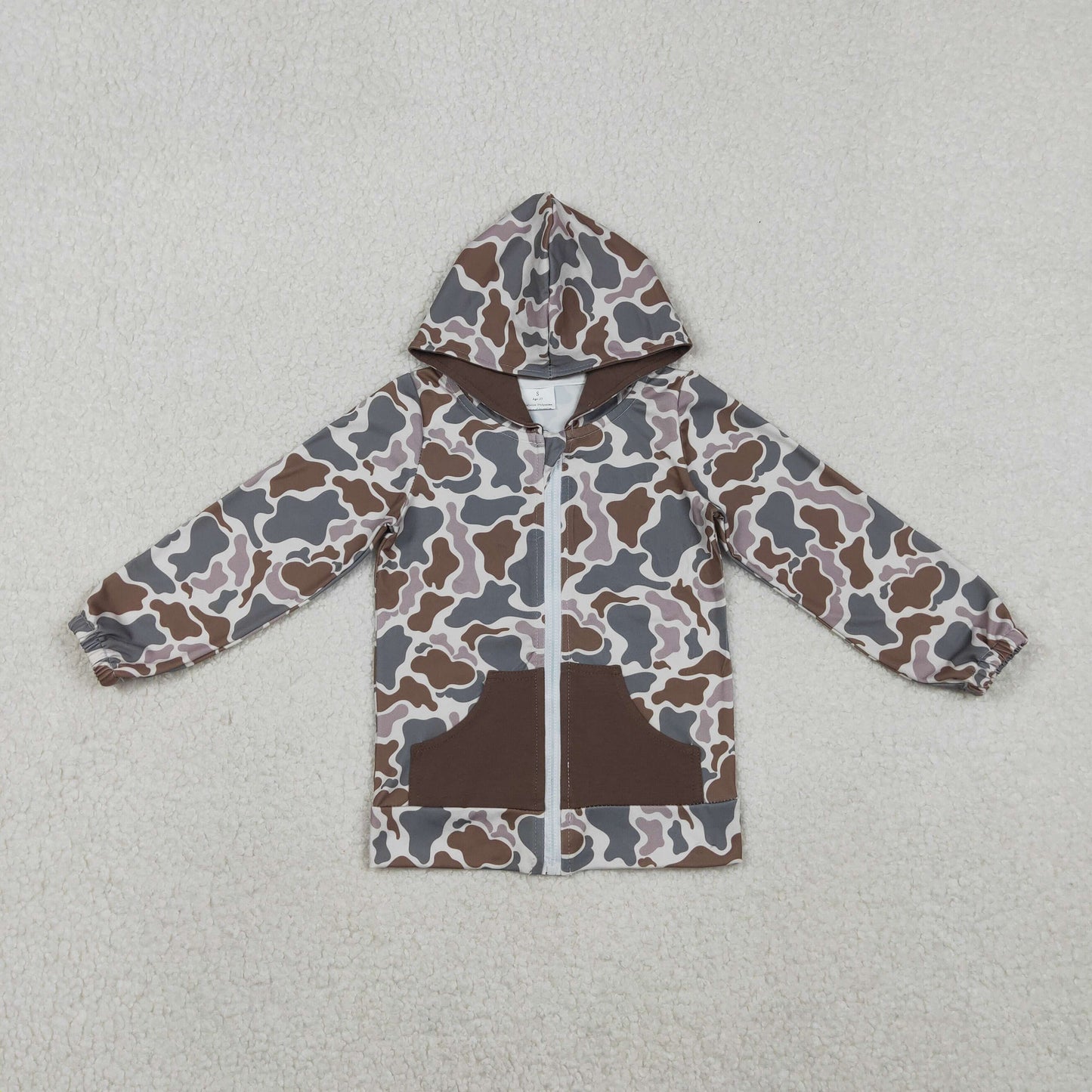 11.7 RTS NO MOQ （In stock）BT1376 Baby Boys Brown Camo Pockets Zipper Southern Hoodies Jackets Top