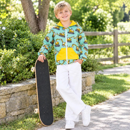 RTS NO MOQ （In stock）BT1378 milk silk Baby Boys Excavators Pocket Zipper Hoodies Jackets Top