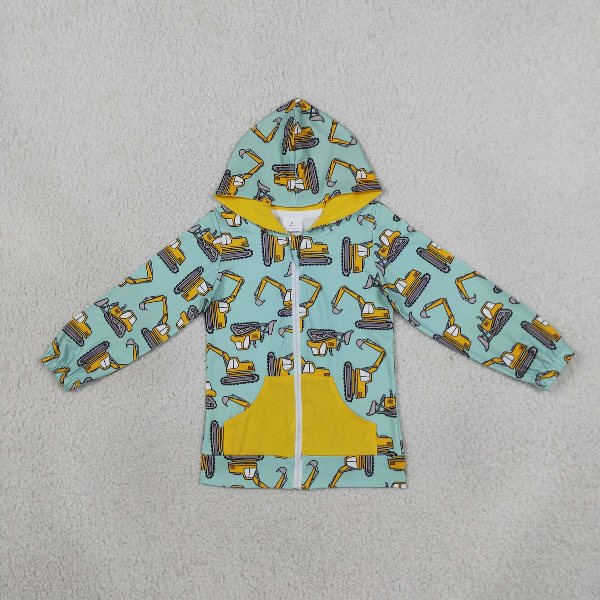 RTS NO MOQ （In stock）BT1378 milk silk Baby Boys Excavators Pocket Zipper Hoodies Jackets Top