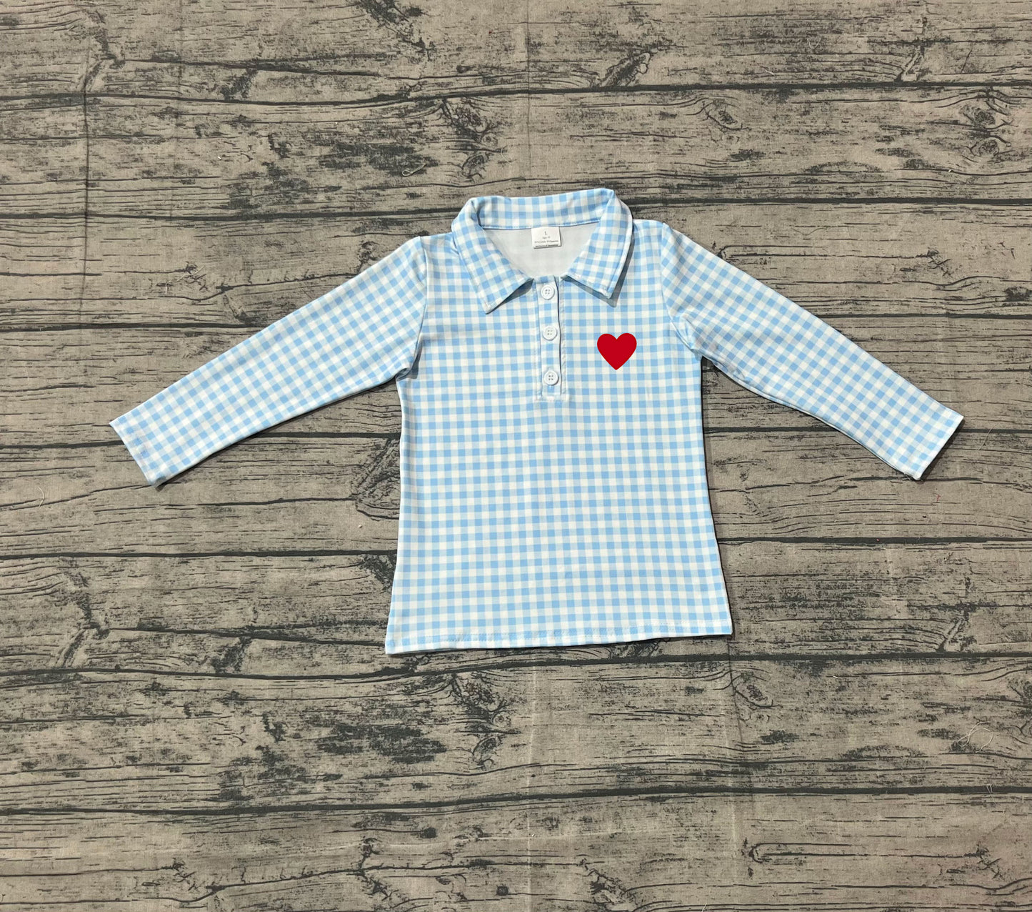 10.4 BT1386 Sample No Moq Embroidery Hearts Baby Boys Blue Checked Valentine Polo Shirts Top