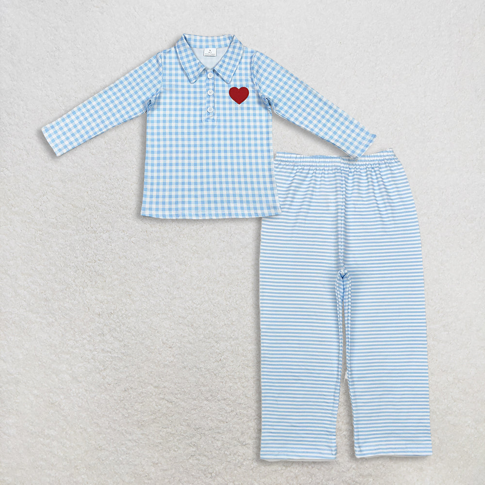 11.10 RTS NO MOQ （In stock）BT1386 + P0626 Embroidery Hearts Baby Boys Blue Checked Valentine Polo Shirts Top Stripes Legging Pants Bottoms