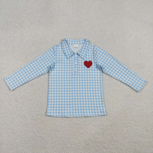 10.28 RTS NO MOQ （In stock）BT1386 Embroidery Hearts Baby Boys Blue Checked Valentine Polo Shirts Top