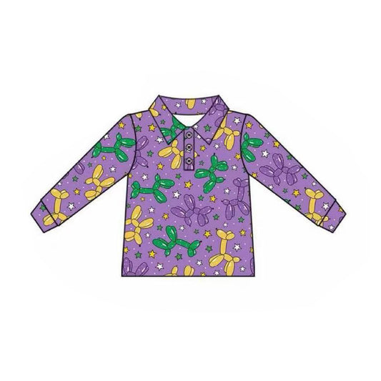 9.26 BT1387 Pre order No Moq Baby Boys Purple Long Sleeve Stars Dogs Mardigras Polo Shirts Top