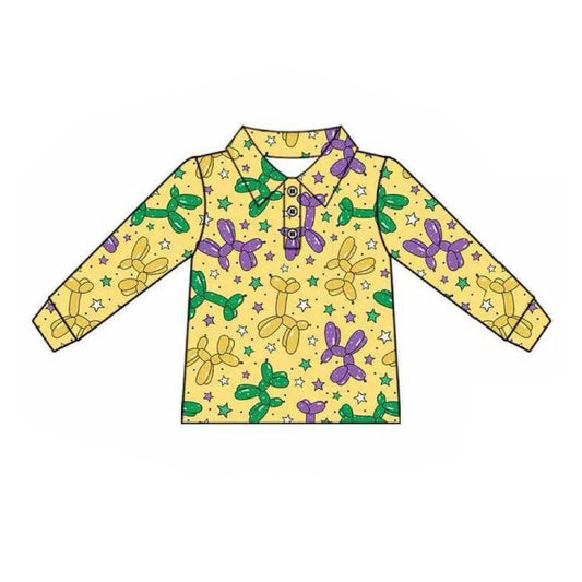 9.26 BT1388 Pre order No Moq Baby Boys Yellow Long Sleeve Stars Dogs Mardigras Polo Shirts Top