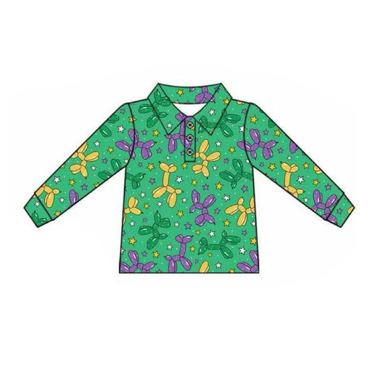 9.26 BT1389 Pre order No Moq Baby Boys Green Long Sleeve Stars Dogs Mardigras Polo Shirts Top