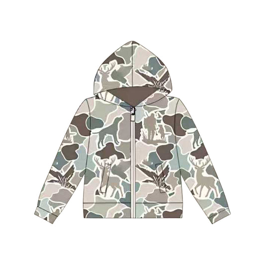 9.27 BT1390 Pre order No Moq Baby Boys Grey Dogs Deer Ducks Camo Pockets Zipper Hoodies Top