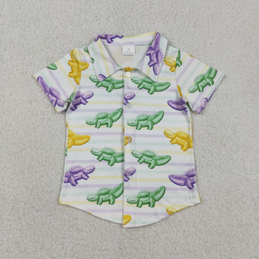 1.8 RTS NO MOQ （In stock）BT1393 Baby Boys Mardigras Stripe Crocodiles Button Shirts Top