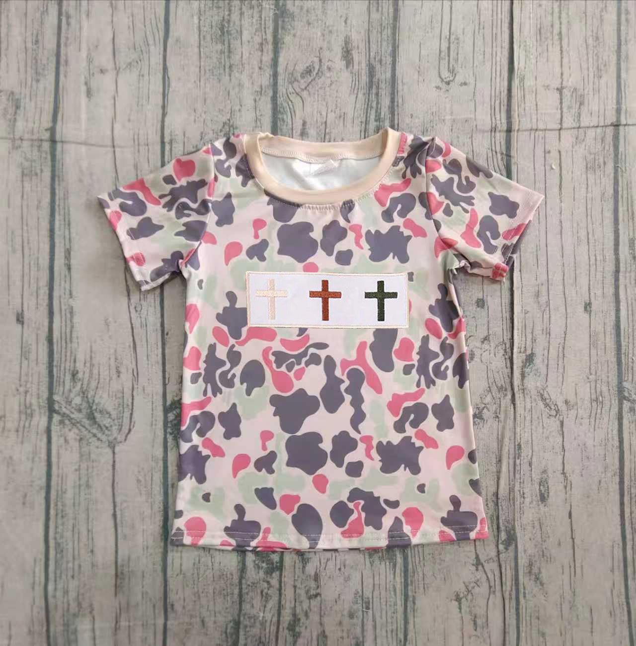 11.15 BT1395 Sample No Moq Embroidery Crosses Baby Boys Short Sleeve Camo Easter T-shirts Top