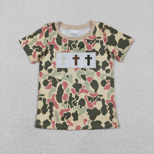 12.15 RTS NO MOQ （In stock）BT1395 Embroidery Crosses Baby Boys Short Sleeve Camo Easter T-shirts Top