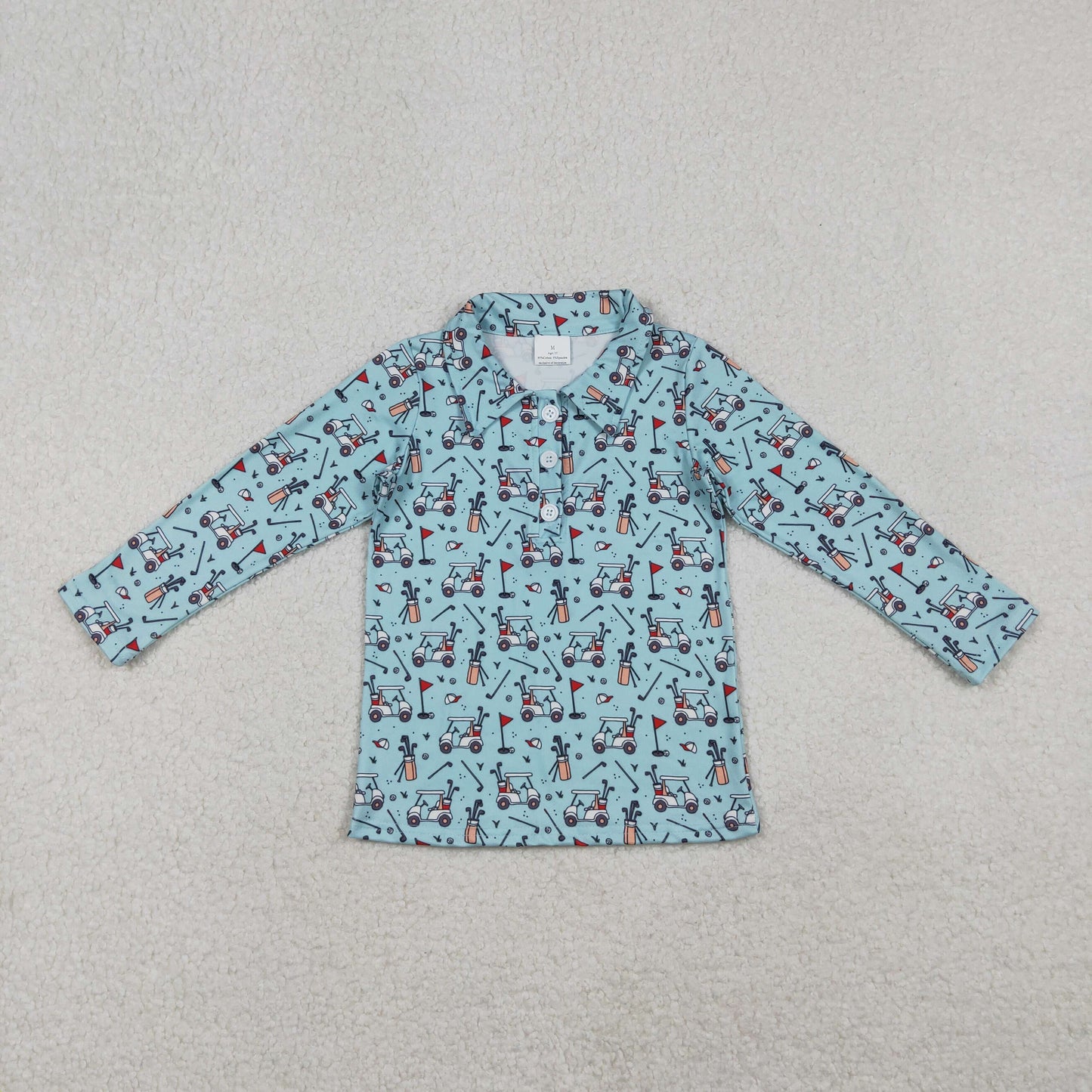 10.28 RTS NO MOQ （In stock）BT1404 Baby Boys Blue Long Sleeve Golf Trucks Button Polo Shirts Top