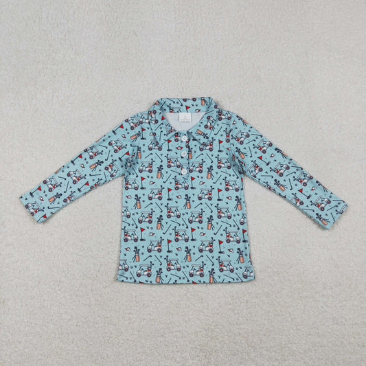 10.28 RTS NO MOQ （In stock）BT1404 Baby Boys Blue Long Sleeve Golf Trucks Button Polo Shirts Top