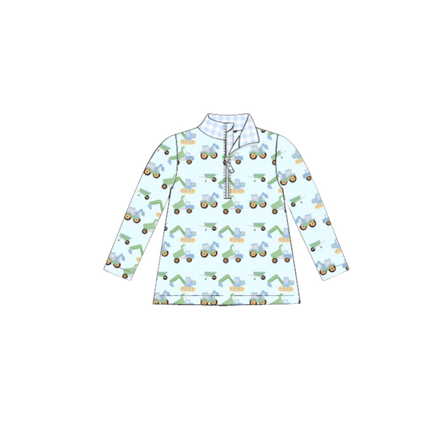 10.14 BT1408 Pre order No Moq Baby Boys Aqua Long Sleeve Excavators Tractors Zipper Pullovers Top