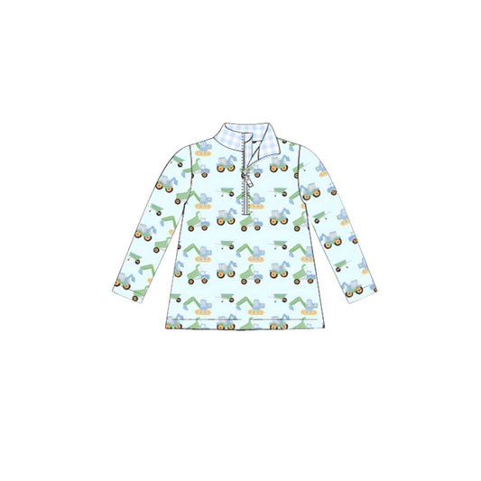 10.14 BT1408 Pre order No Moq Baby Boys Aqua Long Sleeve Excavators Tractors Zipper Pullovers Top