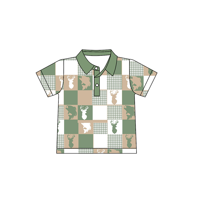 10.16 BT1409 Pre order No Moq Baby Boys Deer Fishes Checked Button Hunting Polo Shirts Top
