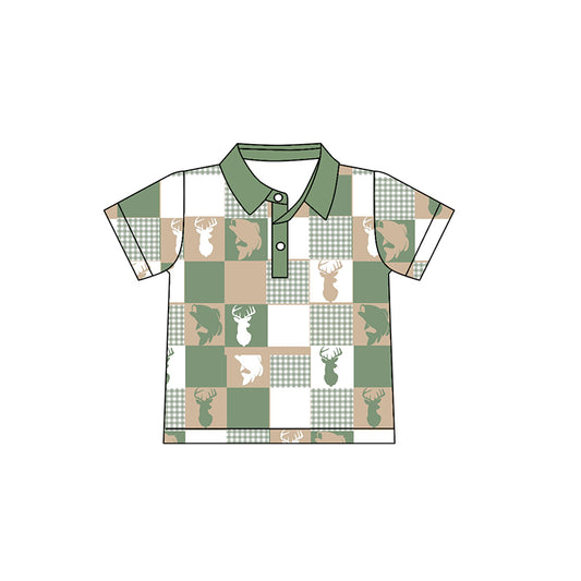 10.16 BT1409 Pre order No Moq Baby Boys Deer Fishes Checked Button Hunting Polo Shirts Top