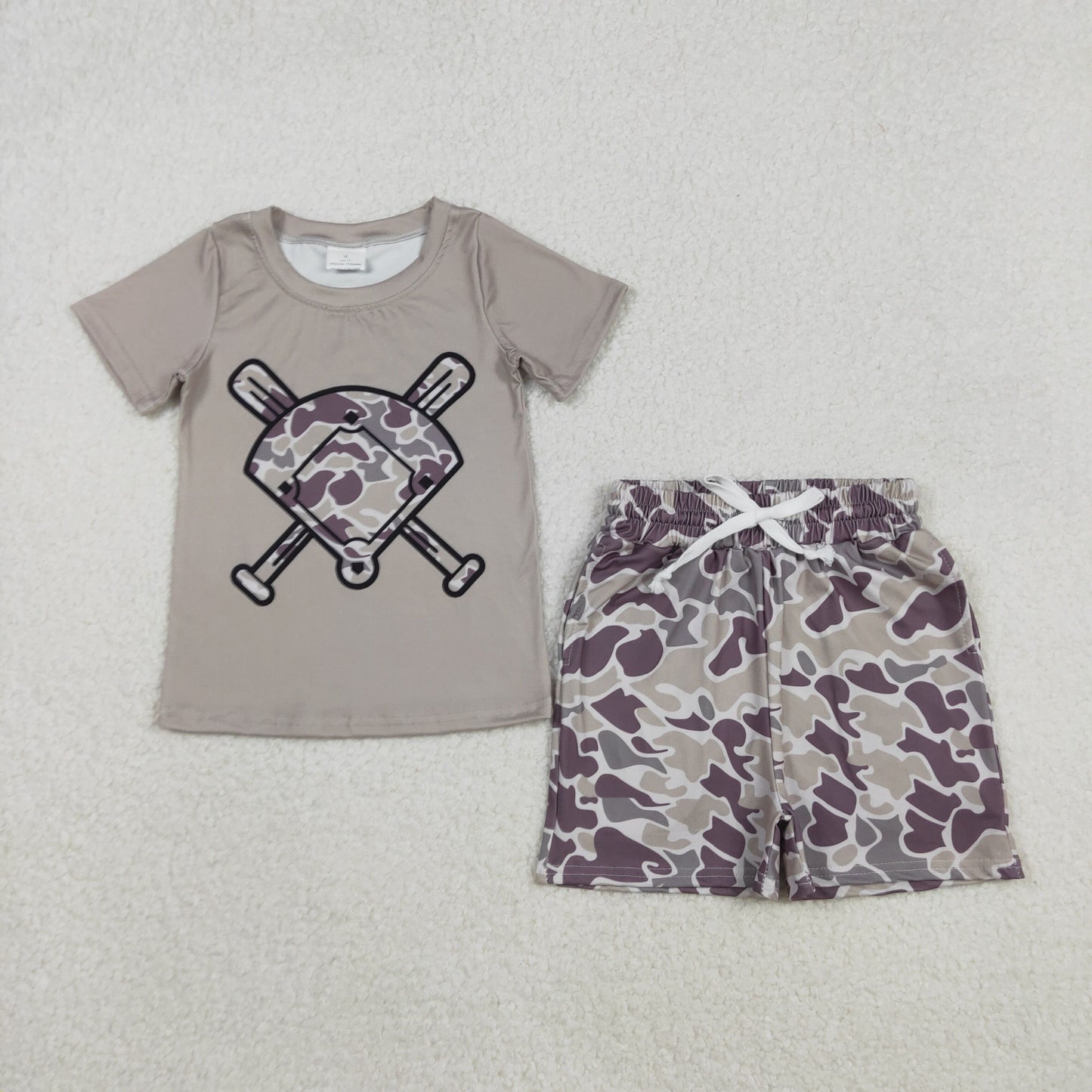 11.21 RTS NO MOQ （In stock）BT1417+SS0733 Baby Boys Grey Camo Baseball Short Sleeve Team T-shirts Shorts Clothes