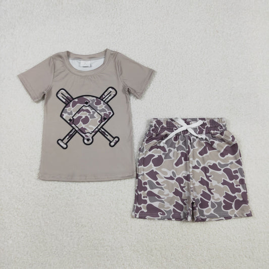 11.21 RTS NO MOQ （In stock）BT1417+SS0733 Baby Boys Grey Camo Baseball Short Sleeve Team T-shirts Shorts Clothes