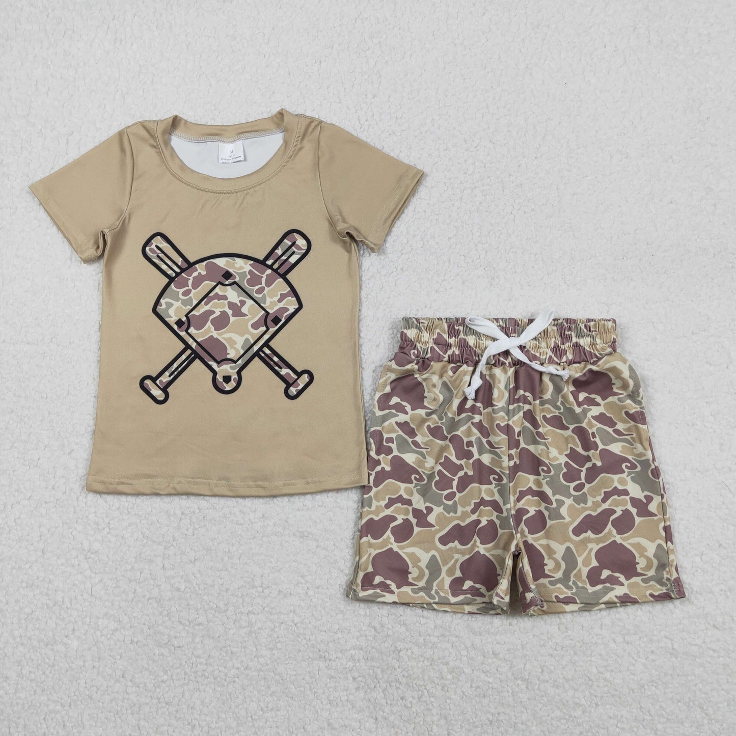 11.22 RTS NO MOQ （In stock）BT1418+SS0696 Baby Boys Khaki Camo Baseball Short Sleeve Team T-shirts Shorts Clothes