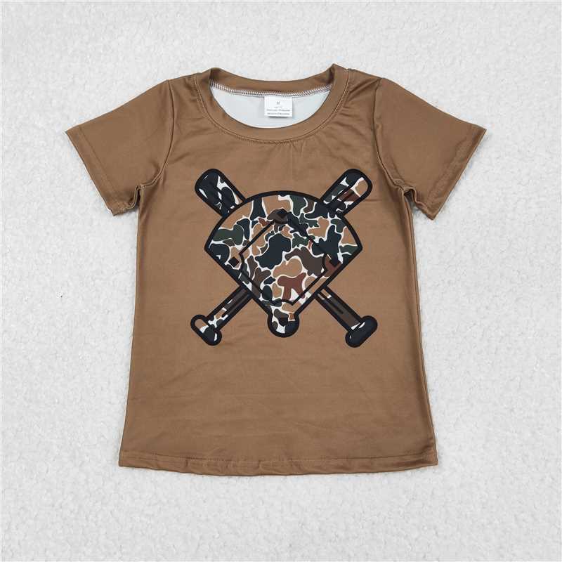 11.26 RTS NO MOQ （In stock）BT1420 Baby Boys Dark Brown Camo Baseballs Short Sleeve Team T-shirts Top