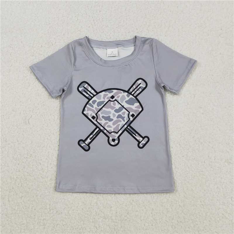 11.26 RTS NO MOQ （In stock）BT1421 Baby Boys Light Grey Camo Baseballs Short Sleeve Team T-shirts Top