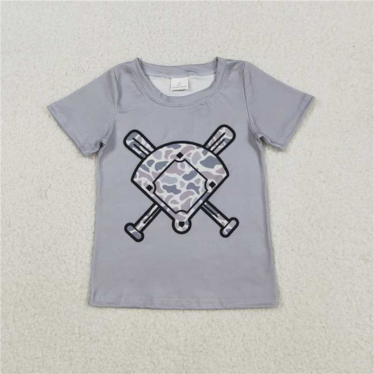 11.26 RTS NO MOQ （In stock）BT1421 Baby Boys Light Grey Camo Baseballs Short Sleeve Team T-shirts Top