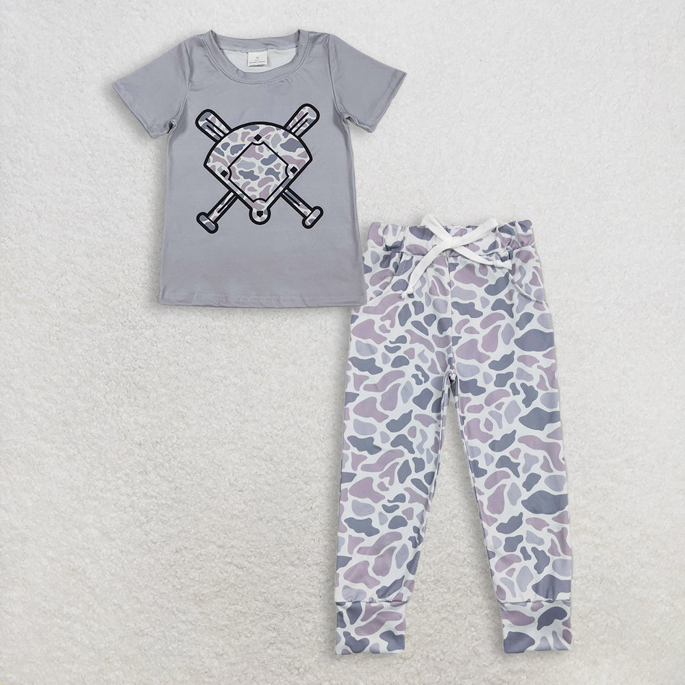 12.6 RTS NO MOQ （In stock）BT1421 + P0420 Baby Boys Short Sleeve Grey Camo Baseballs Team T-shirts Top Pockets Pants
