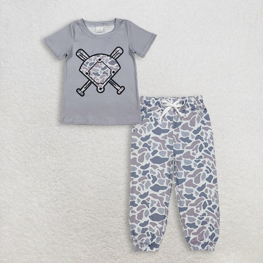 12.6 RTS NO MOQ （In stock）BT1421 +  P0651 Baby Boys Short Sleeve Grey Camo Baseballs Team T-shirts Top Pockets Jogger Pants