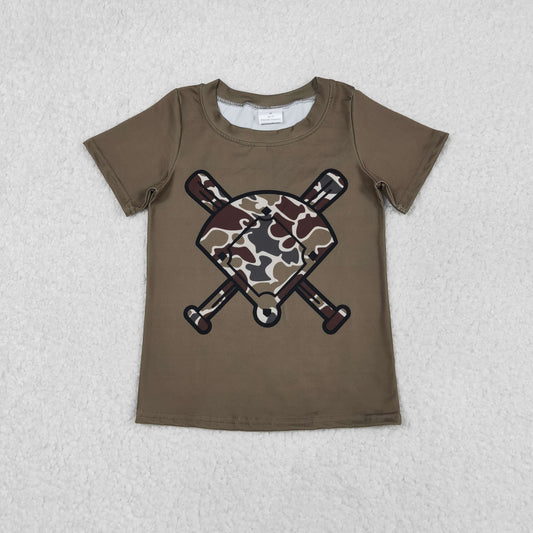 11.19 RTS NO MOQ （In stock）BT1425 Baby Boys Short Sleeve Dark Brown Dark Khaki Camo Baseballs Team T-shirts Top