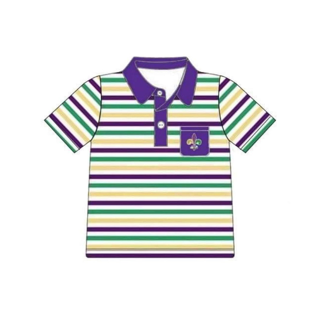 10.22 BT1436 Pre order No Moq Baby Boys Mardigras Stripe Anchor Pocket Button Polo Shirts Top