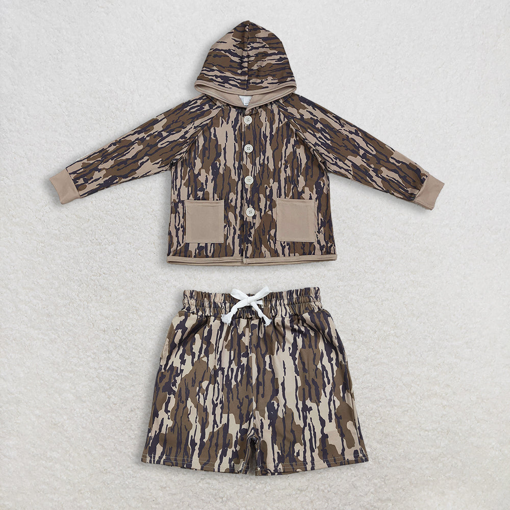 12.29 RTS NO MOQ （In stock）BT1441 + SS0731 Baby Boys Southern Olive Camo Button Pockets Hoodie Jackets Tops Pockets Shorts Bottom