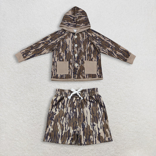 12.29 RTS NO MOQ （In stock）BT1441 + SS0731 Baby Boys Southern Olive Camo Button Pockets Hoodie Jackets Tops Pockets Shorts Bottom