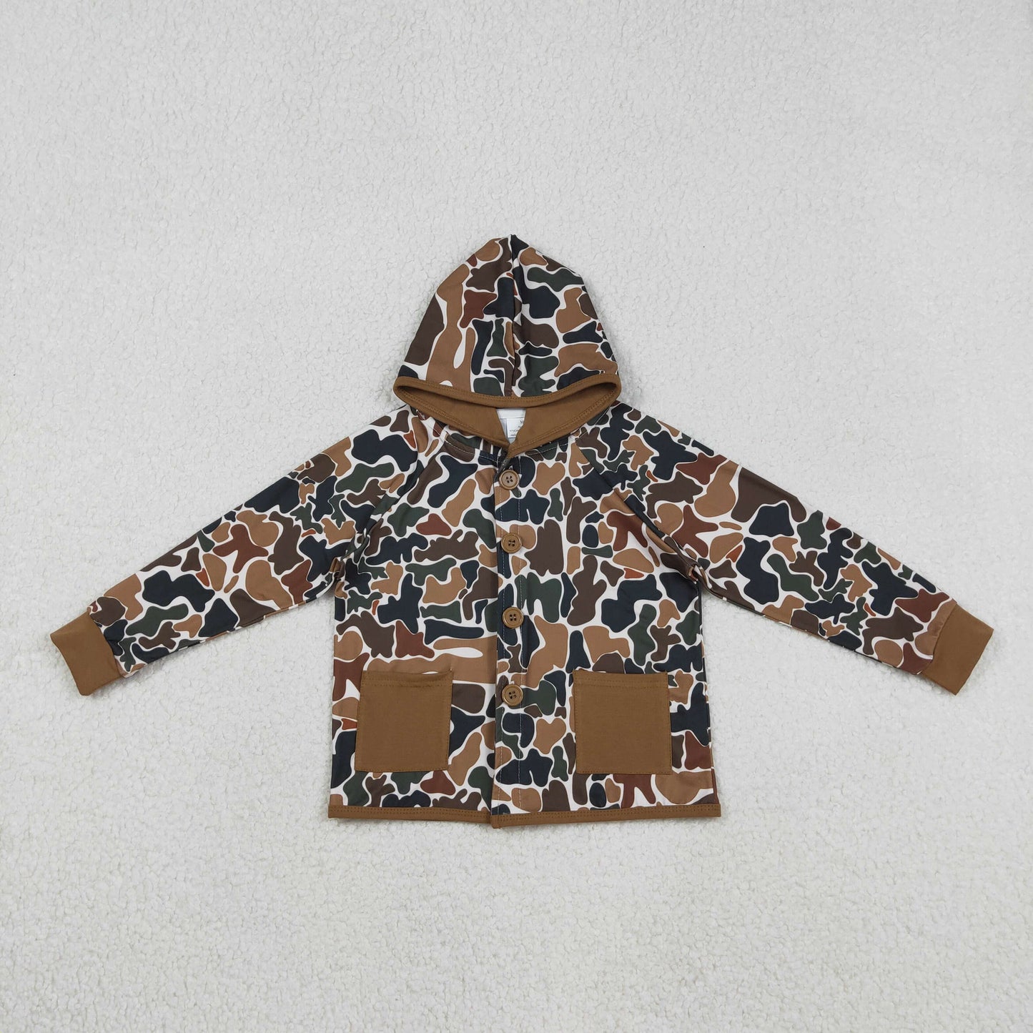 12.12 RTS NO MOQ （In stock）BT1442 Baby Boys Southern Dark Brown Camo Button Pockets Hoodie Jackets Top