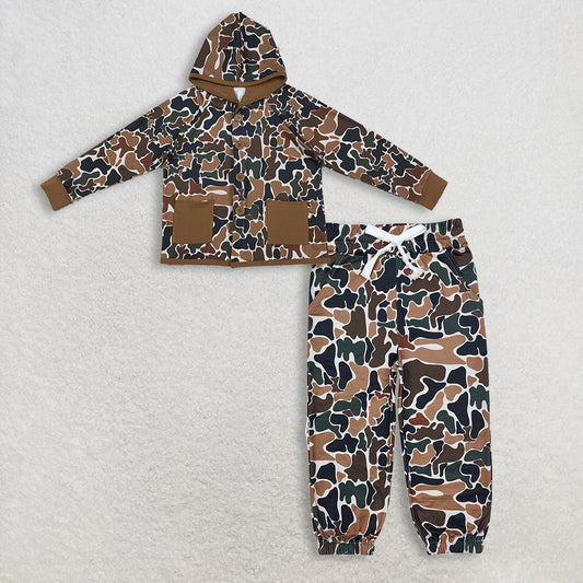 12.29 RTS NO MOQ （In stock）BT1442 + P0650 Baby Boys Southern Dark Brown Camo Button Pockets Hoodie Jackets Top Southern Bottoms Pants