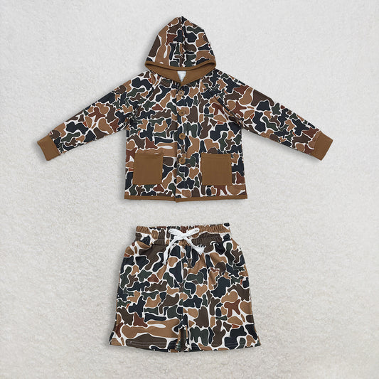12.29 RTS NO MOQ （In stock）BT1442 + SS0732 Baby Boys Southern Dark Brown Camo Button Pockets Hoodie Jackets Top Pockets Shorts Bottom