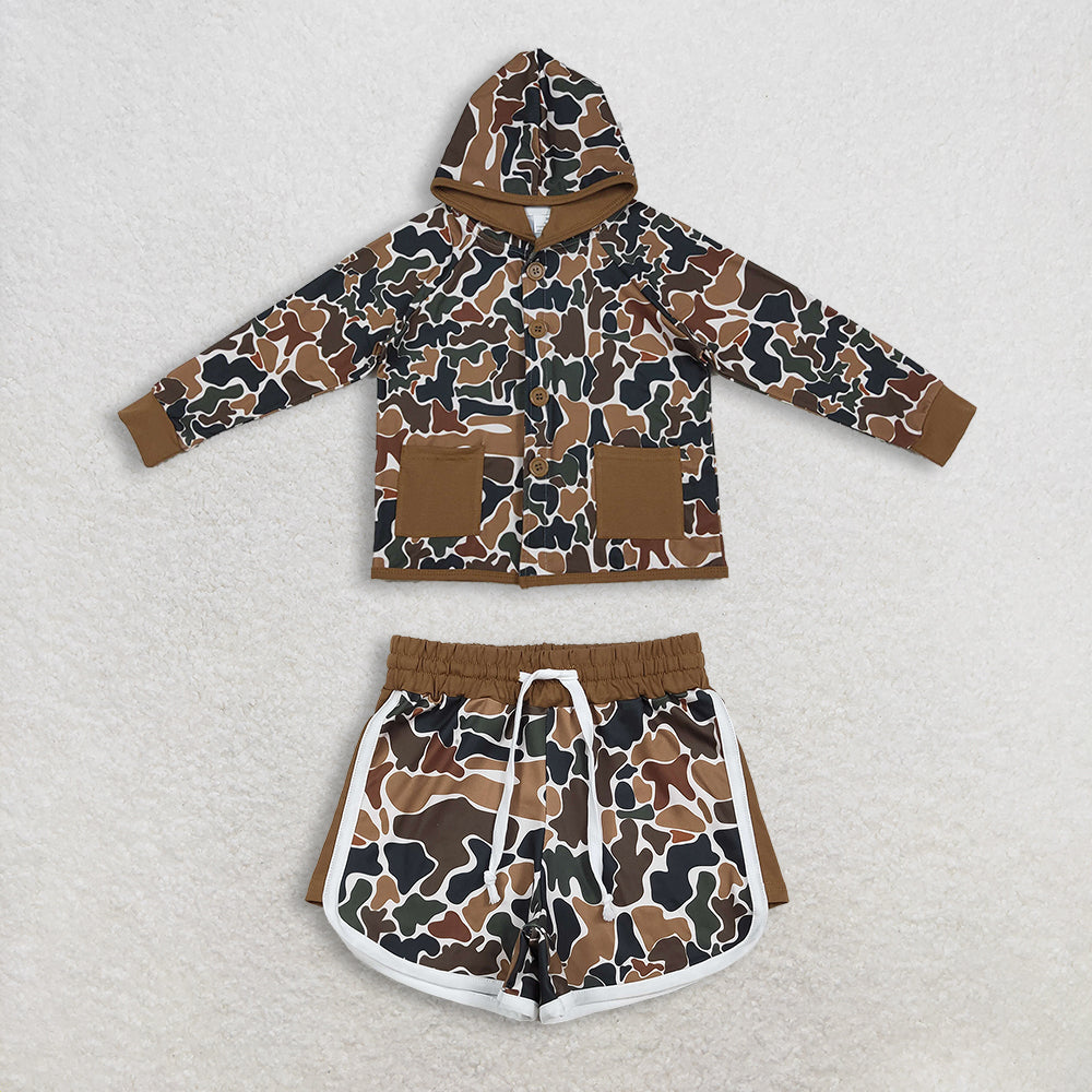 12.29 RTS NO MOQ （In stock）BT1442 + SS0742 Baby Boys Southern Dark Brown Camo Button Pockets Hoodie Jackets Top Brown Camo Shorts Bottom